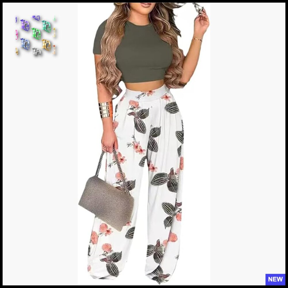Two Piece Active Set Slim Fit Polyester Spandex Backless Crop Top Wide Leg Pants